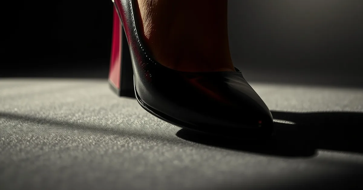 Escarpin élégant à talon bas et bout large, éclairage sombre et cinématographique mettant en valeur le confort pour un pied sensible.