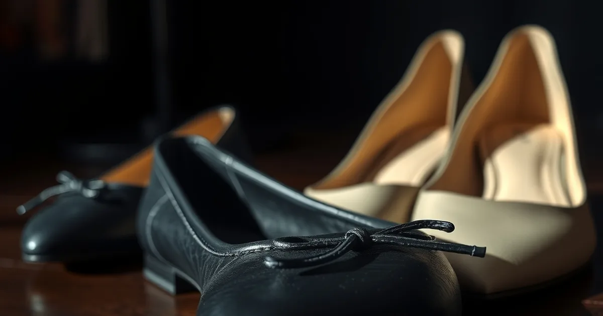 Ballerine en cuir noir posée à côté d'un escarpin sur un parquet sombre, éclairage dramatique premium