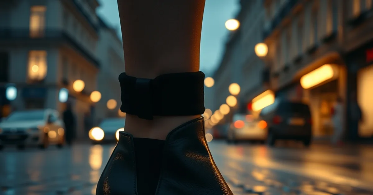 Bottine élégante en cuir noir posée sur un pavé parisien mouillé, lumière du soir