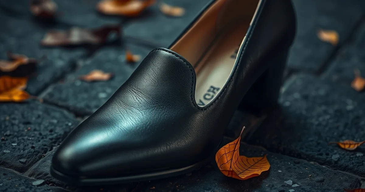 Chaussure élégante en cuir souple sans couture interne, posée sur une surface en pierre avec quelques feuilles d'automne, ambiance sombre et raffinée