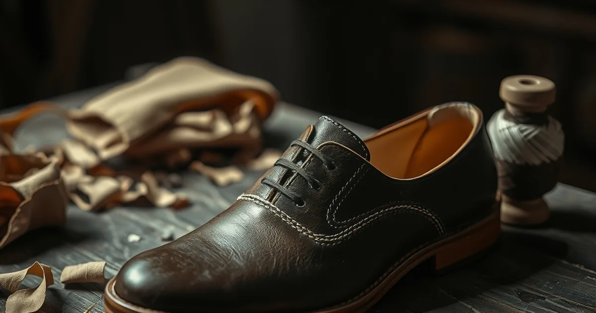 Chaussure orthopédique en cuir tanné végétal posée sur un établi en bois, entourée de matières premières naturelles dans une lumière d'atelier tamisée
