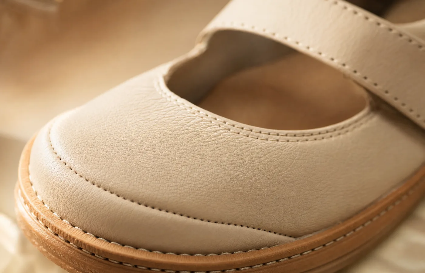 Gros plan macro sur le cuir et les surpiqûres d’une chaussure orthopédique élégante femme