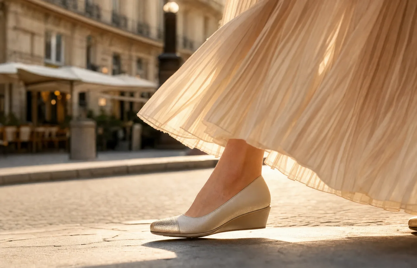 Chaussures orthopédiques élégantes femme portées lors d’une promenade parisienne, lumière chaude et tons crème