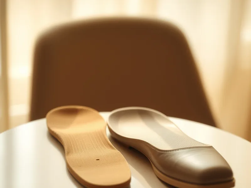 Semelle orthopédique sur mesure posée à côté d’un soulier élégant, dans une lumière chaleureuse