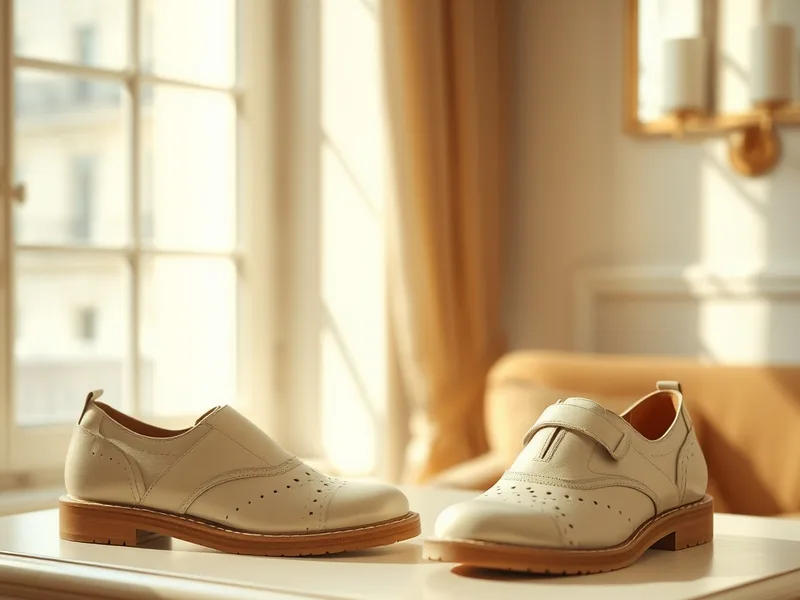 Chaussures orthopédiques élégantes de style parisien, posées dans un décor chic et chaleureux