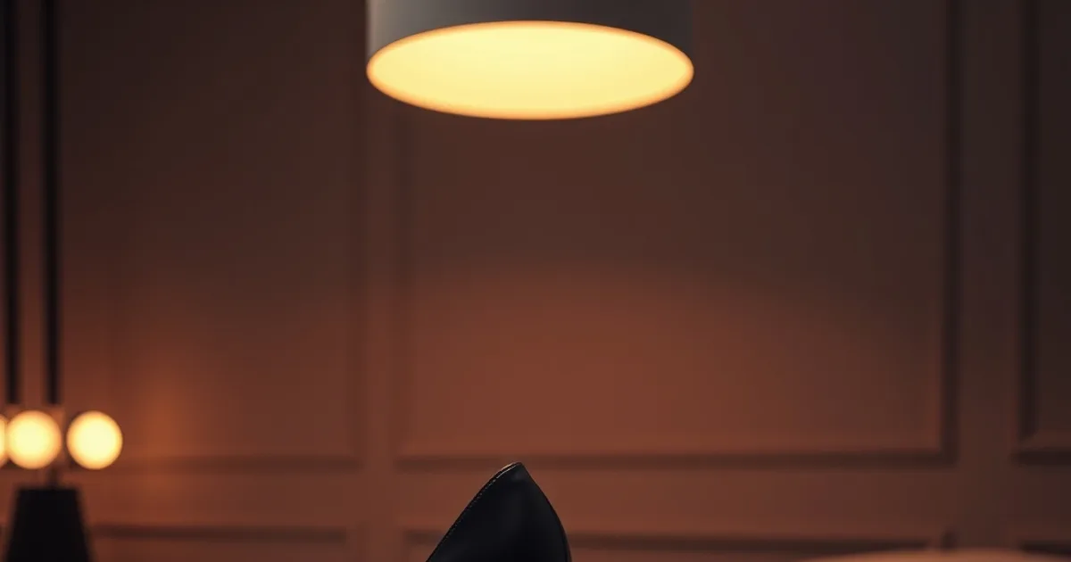 Escarpins élégants et semelle orthopédique fine posés côte à côte sur une table sombre, éclairés par une lumière chaude de cabinet.