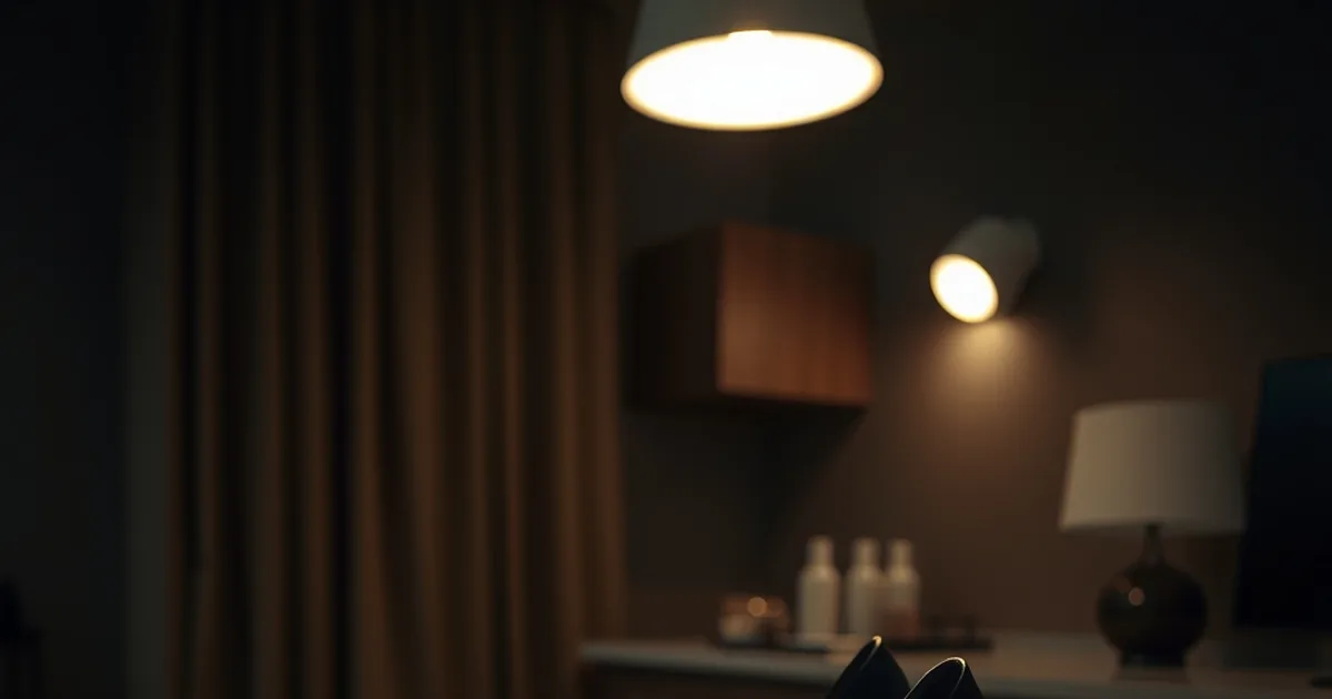 Escarpins élégants posés sur une table de consultation podologique, éclairés par une lumière chaude dans une ambiance sombre et raffinée