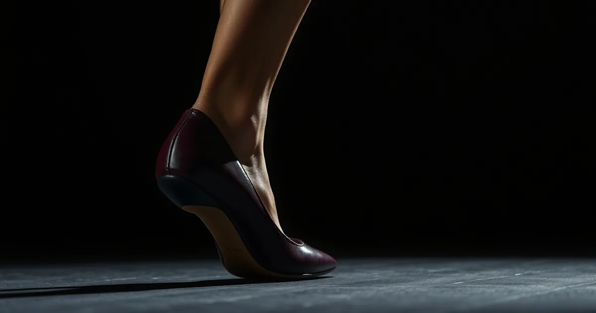 Gros plan élégant sur une jambe et un genou en mouvement, chaussés d'un escarpin en cuir foncé à talon modéré, éclairage dramatique sombre soulignant l'alignement cheville-genou.