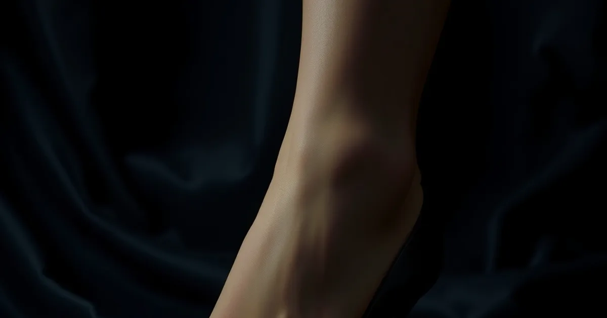 Pied féminin glissant avec douceur dans un escarpin kitten heel au bout légèrement arrondi, lumière chaude et ambiance sombre et élégante