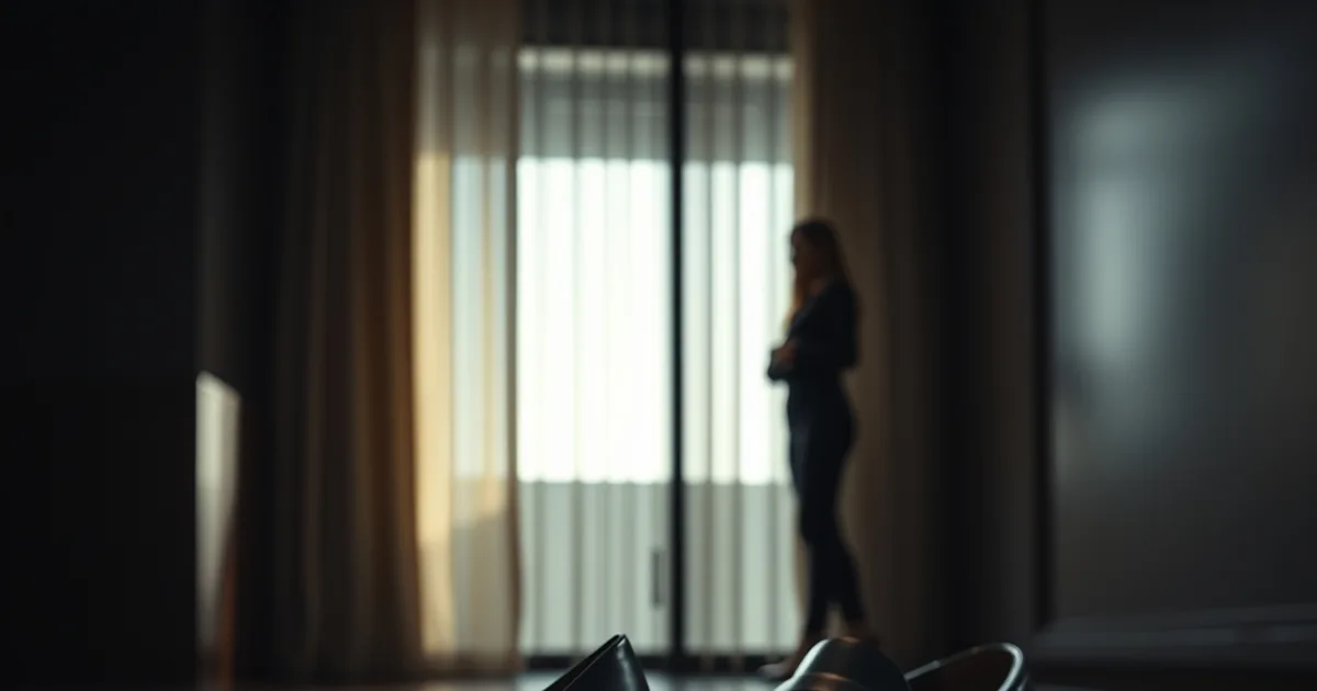 Escarpins à talon kitten et mocassins en cuir noir posés côte à côte sur un parquet sombre de bureau, éclairage dramatique et silhouette floue en arrière-plan.