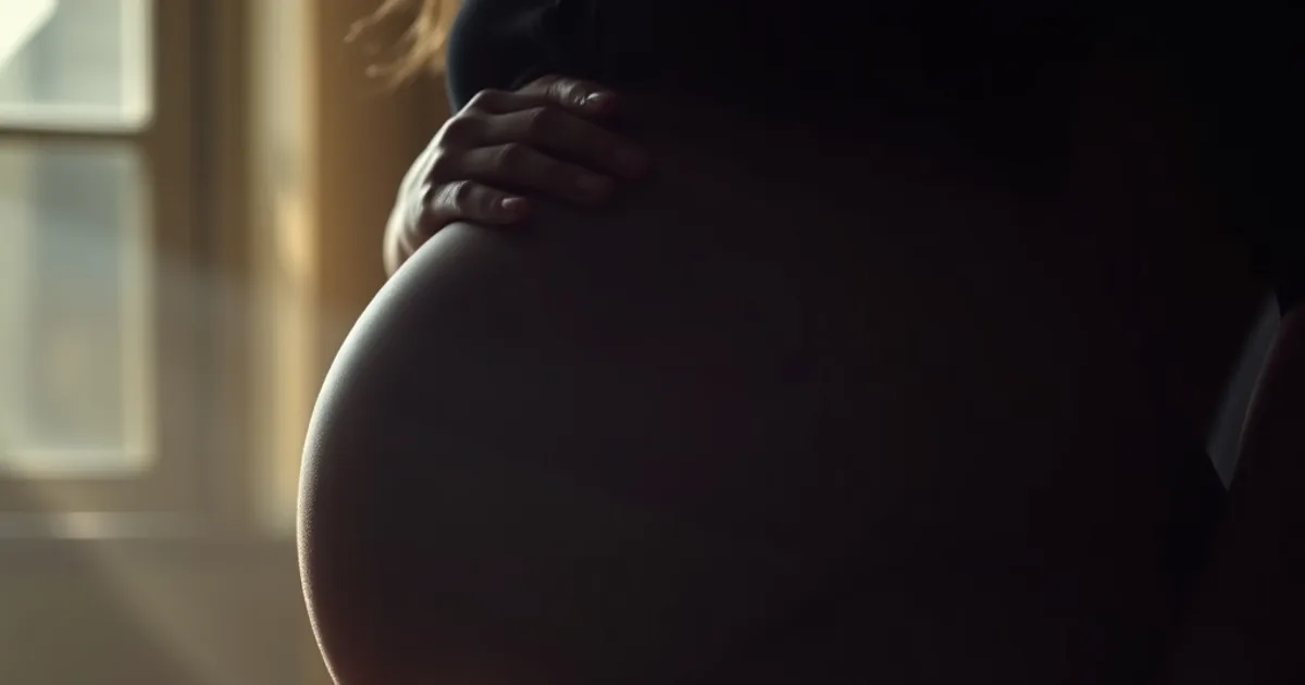Silhouette élégante d'une femme enceinte assise, portant un escarpin à petit talon et bride ajustable, lumière chaude et tamisée