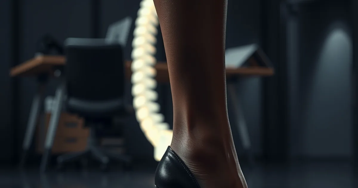 Gros plan élégant sur un escarpin kitten heel noir, avec une silhouette lumineuse de colonne vertébrale en surimpression évoquant la posture, ambiance sombre et raffinée de bureau.