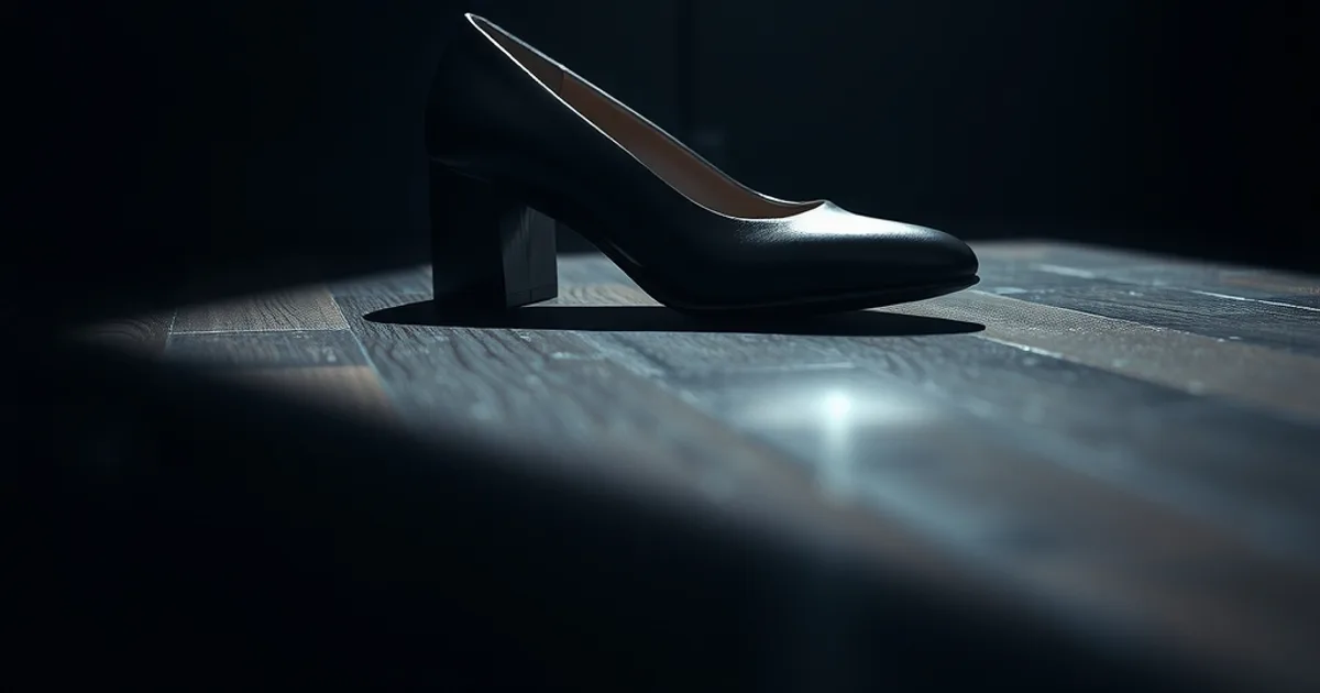 Escarpin élégant à semelle légèrement courbée posé sur un parquet sombre, éclairage dramatique premium