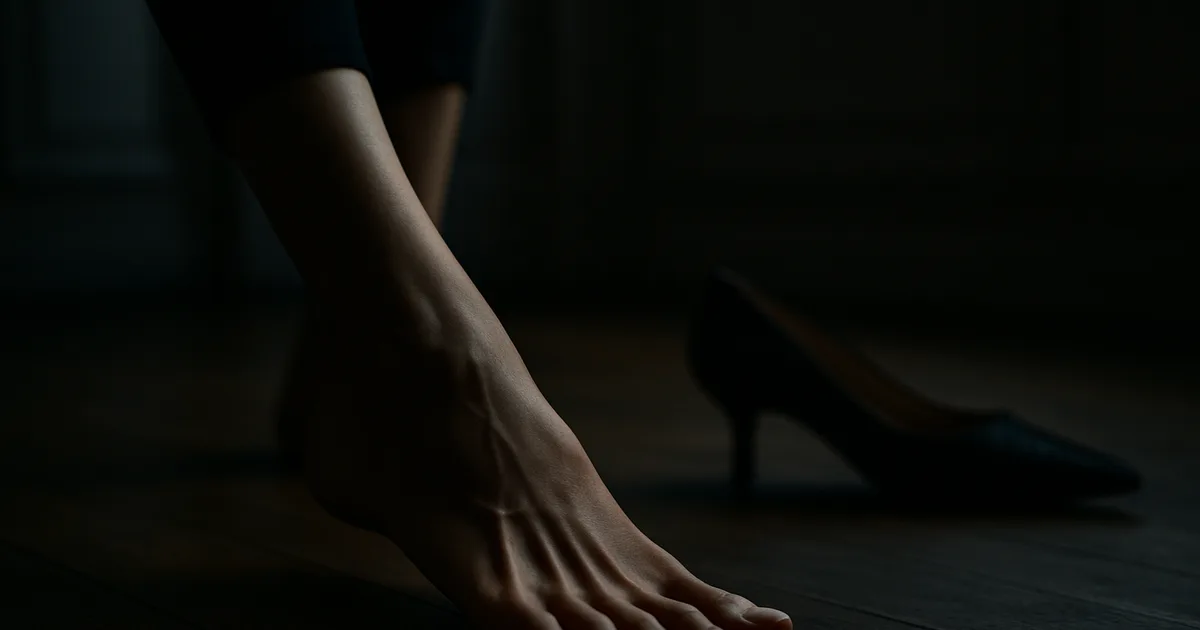 Pied nu d'une femme en plein exercice d'étirement des orteils, avec un escarpin élégant posé à proximité dans une ambiance sombre et raffinée
