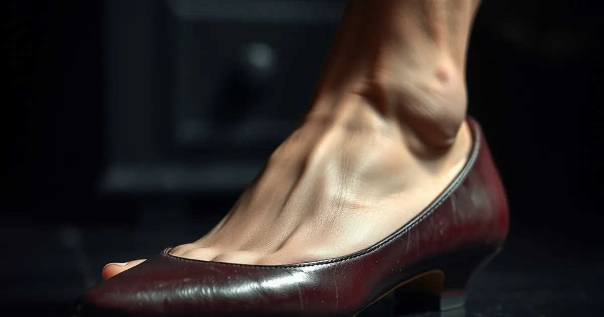 Escarpin élégant bordeaux posé près d'un pied nu, éclairage dramatique évoquant le confort et la prévention du hallux valgus