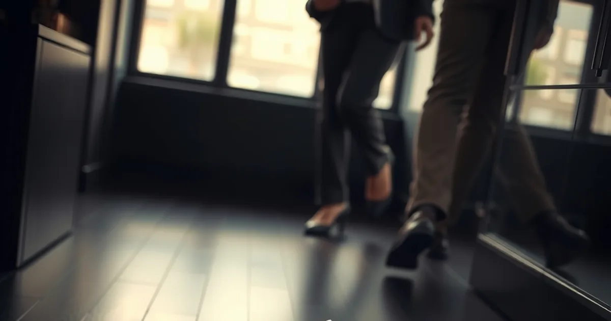 Mocassin en cuir posé sur un parquet sombre de bureau, ambiance cinématographique feutrée évoquant la rentrée professionnelle