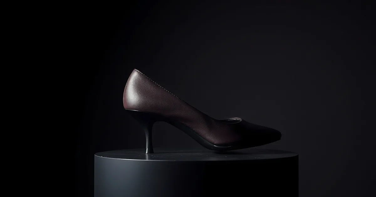 Escarpin élégant à petit talon éclairé dans une lumière dramatique, silhouette évoquant une voûte plantaire haute