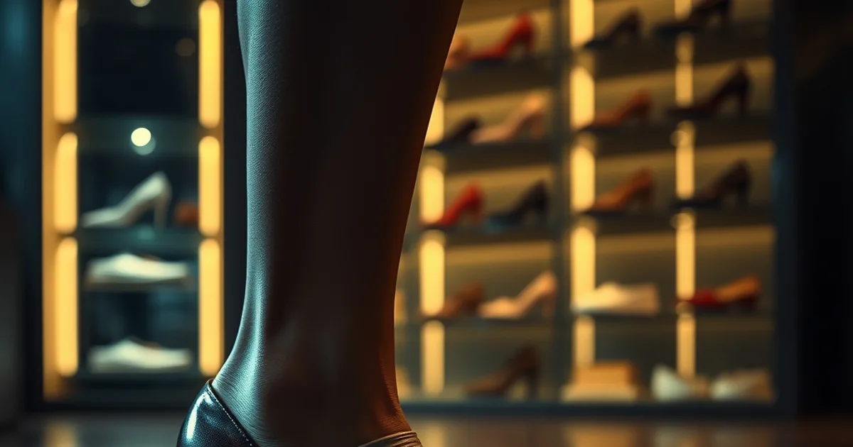 Gros plan élégant d'un pied féminin glissant dans un escarpin bordeaux à talon kitten, ambiance sombre et chaleureuse