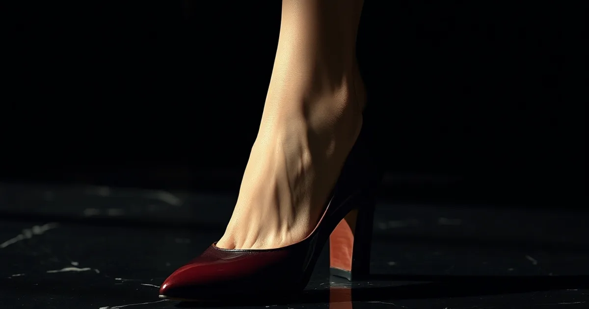 Escarpin élégant à talon large de quelques centimètres, photographié en gros plan sur un sol en marbre sombre, lumière dramatique évoquant l'élégance parisienne