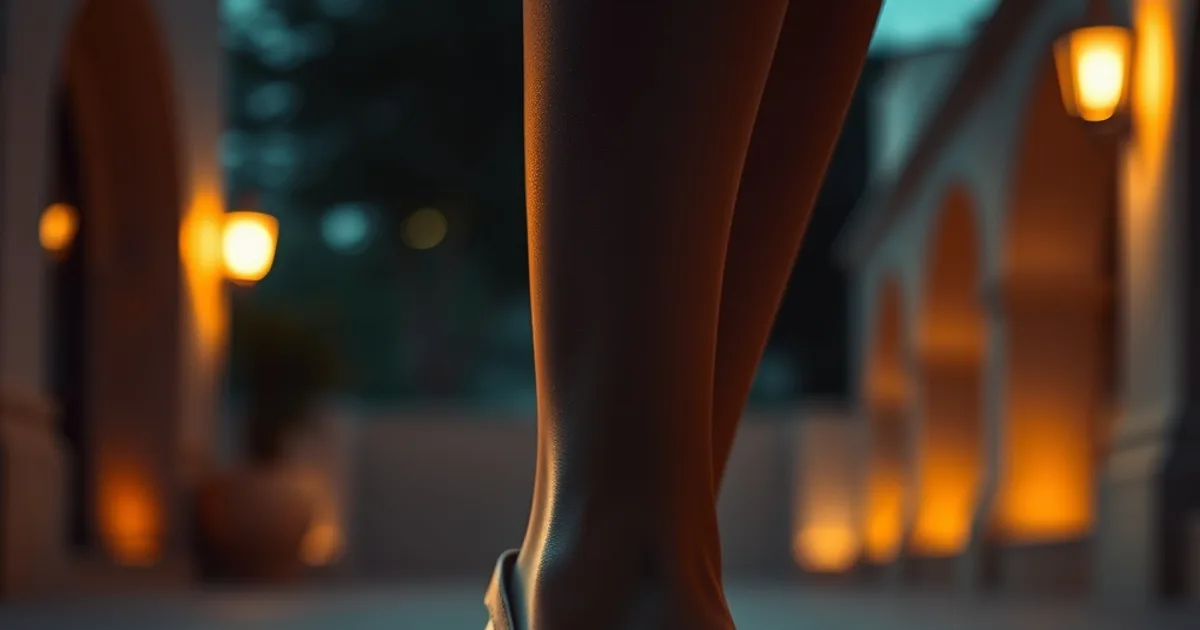 Sandale orthopédique élégante à talon bloc posée sur une terrasse en pierre au crépuscule, lumière dramatique