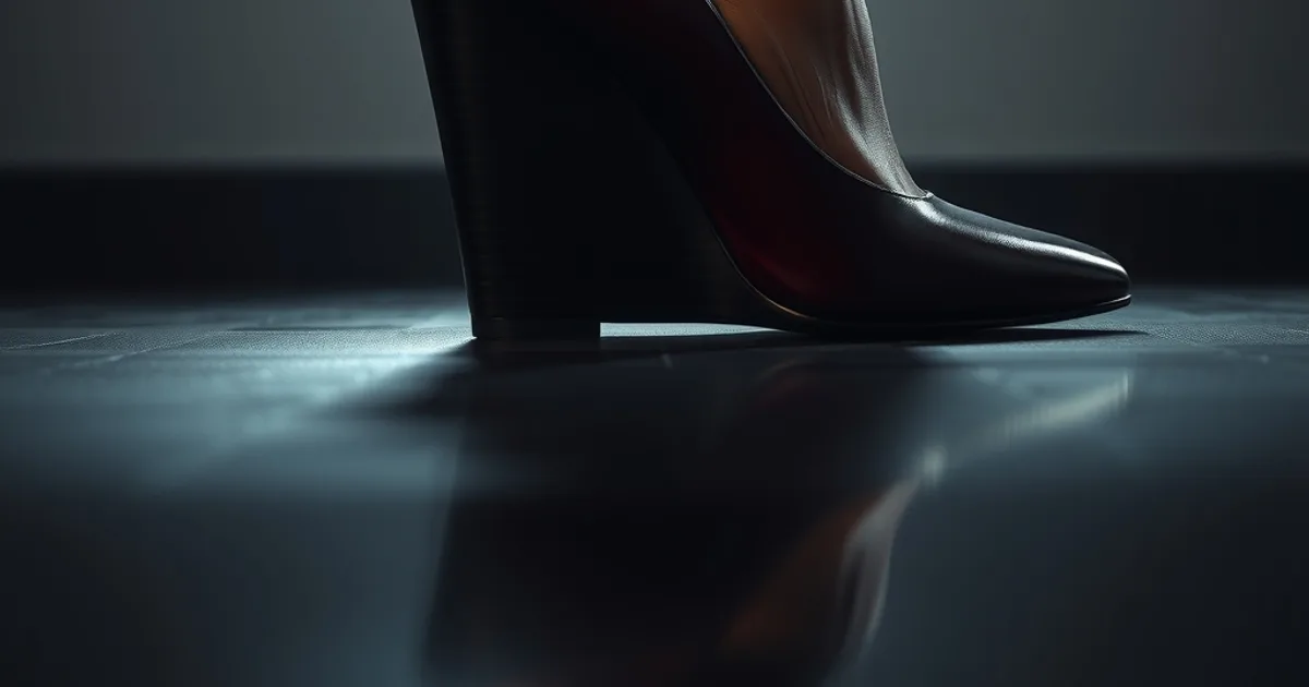 Escarpin compensé en cuir bordeaux posé sur un sol de bureau sombre, éclairage cinématographique mettant en valeur la semelle continue