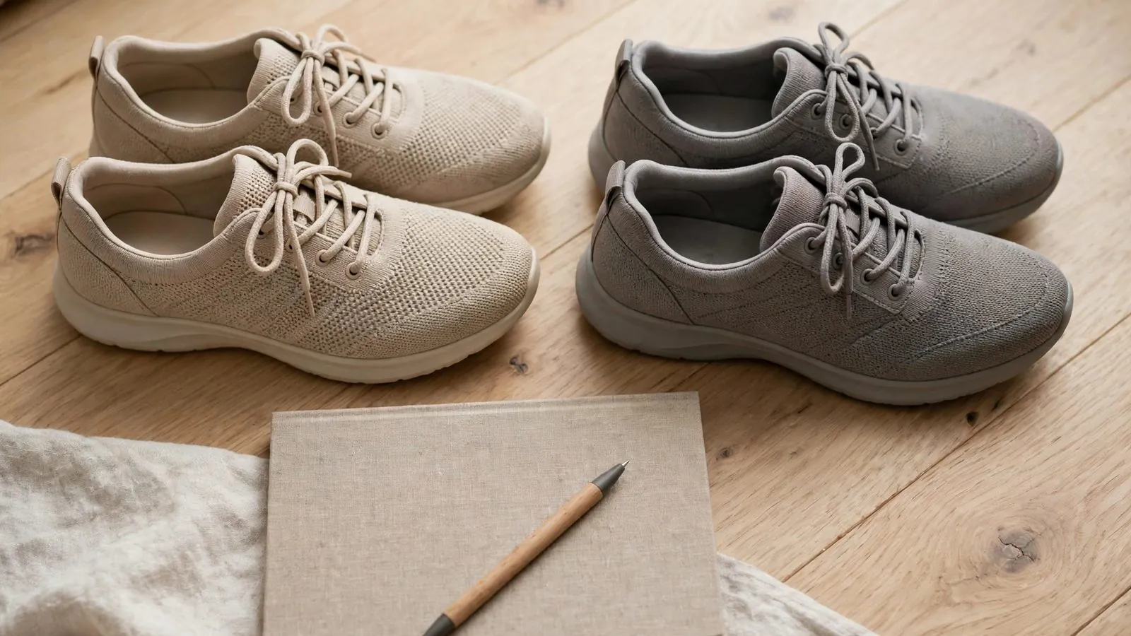 Deux paires de chaussures à lacets beiges et grises disposées sur une table en bois avec carnet et crayon.